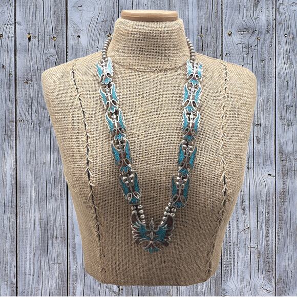 1970s NAVAJO Sterling Silver Turquoise & Coral Chip Inlay Peyote Bird Necklace - Picture 7 of 8